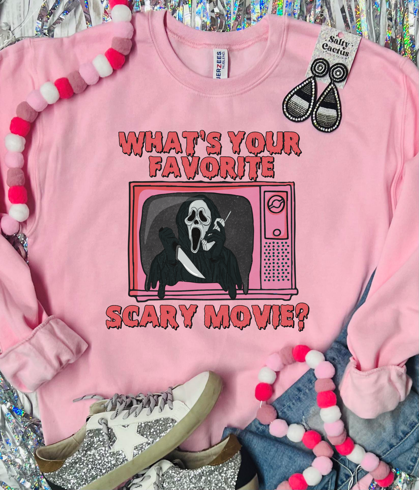 Whats Your Favorite Scary Movie Baby Pink Sweatshirt