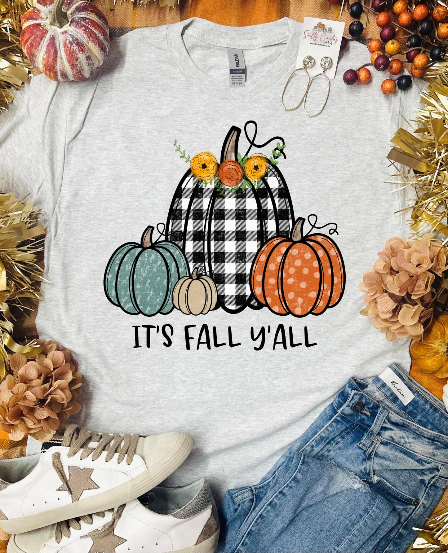 It's Fall Y'all Pumpkin Plaid Ash Grey Tee