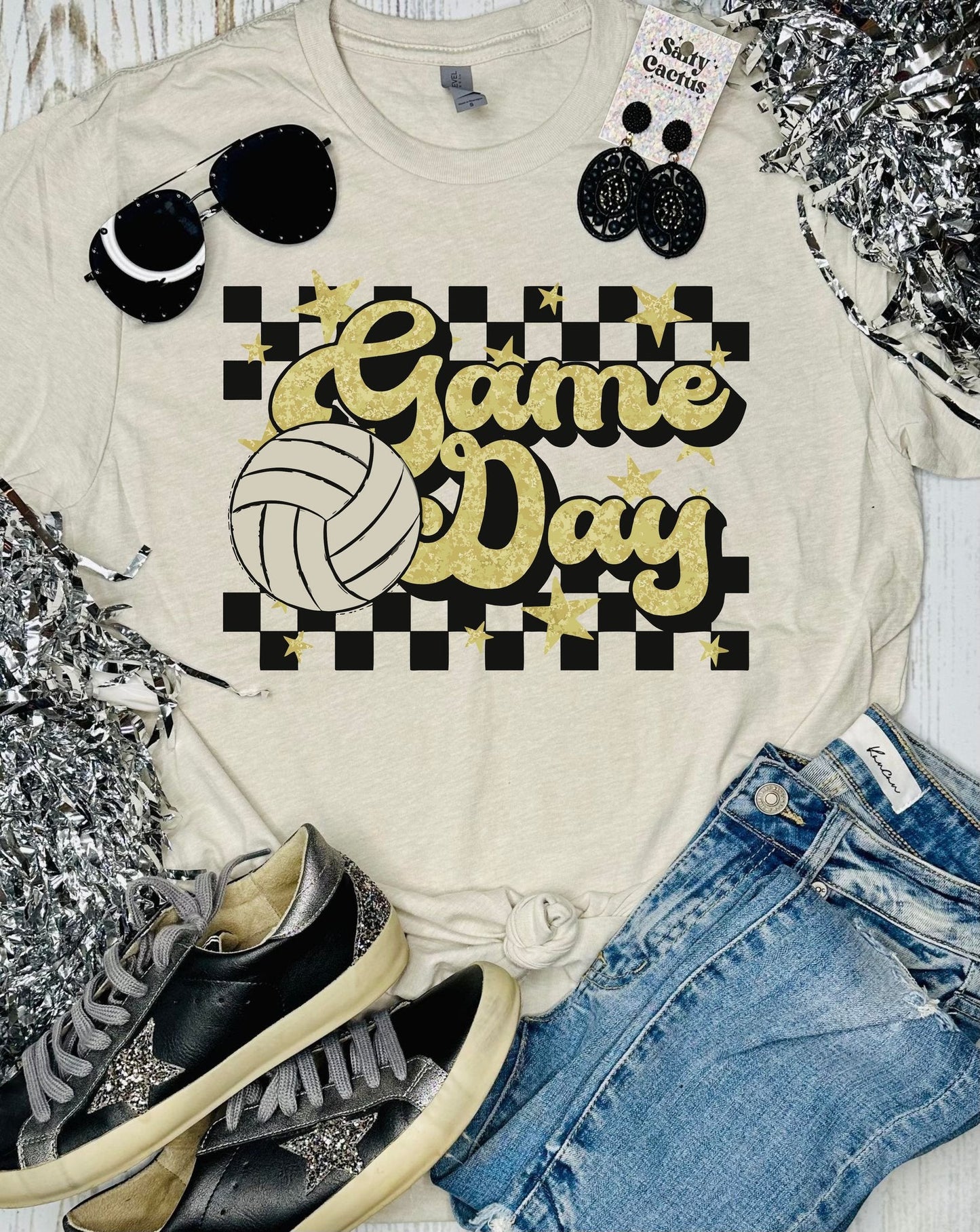 Game Day Volleyball Checkered Glitter Tan Tee