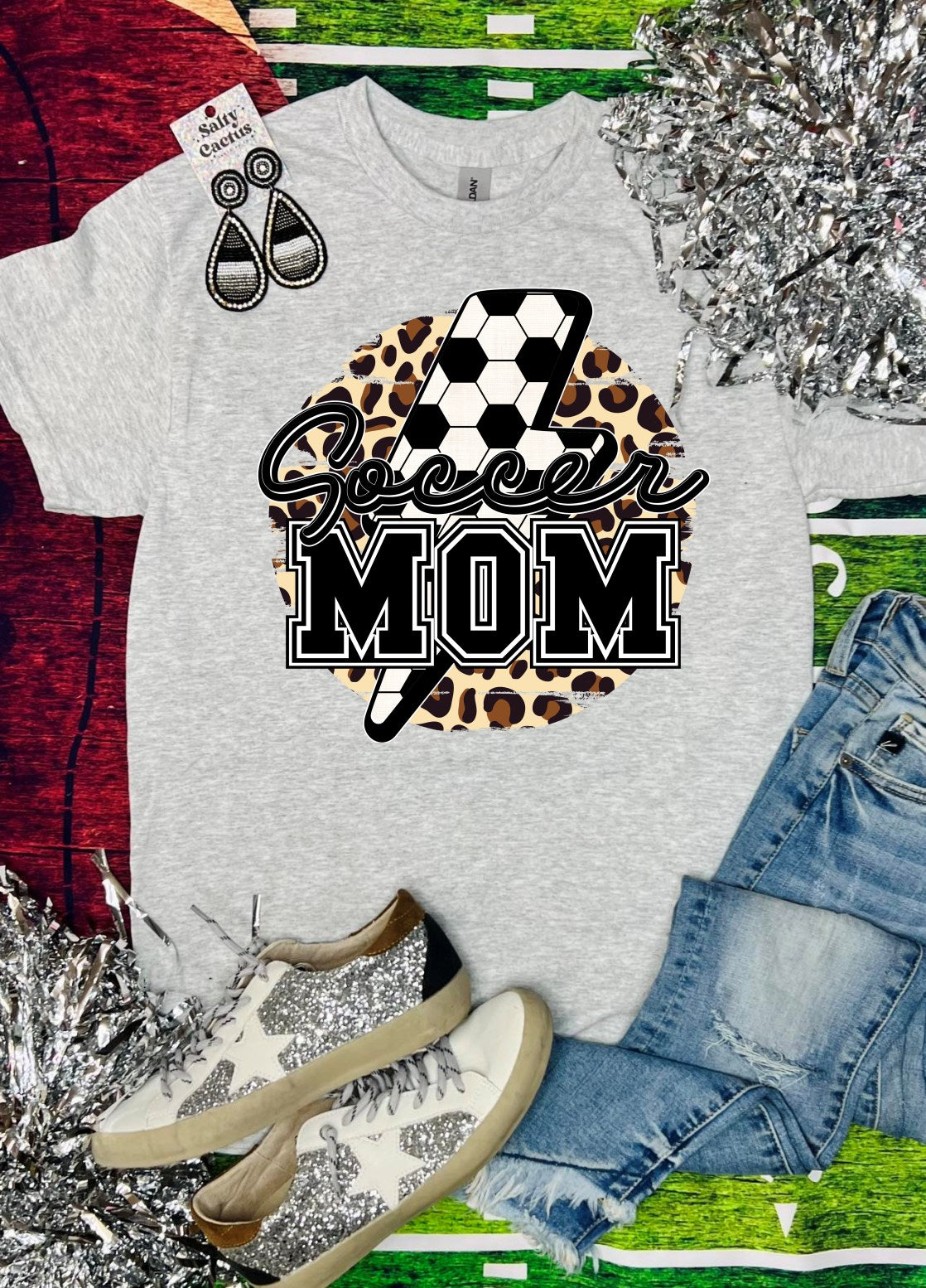 Soccer Mom Leopard With Lightning Bolt Ash Grey Tee