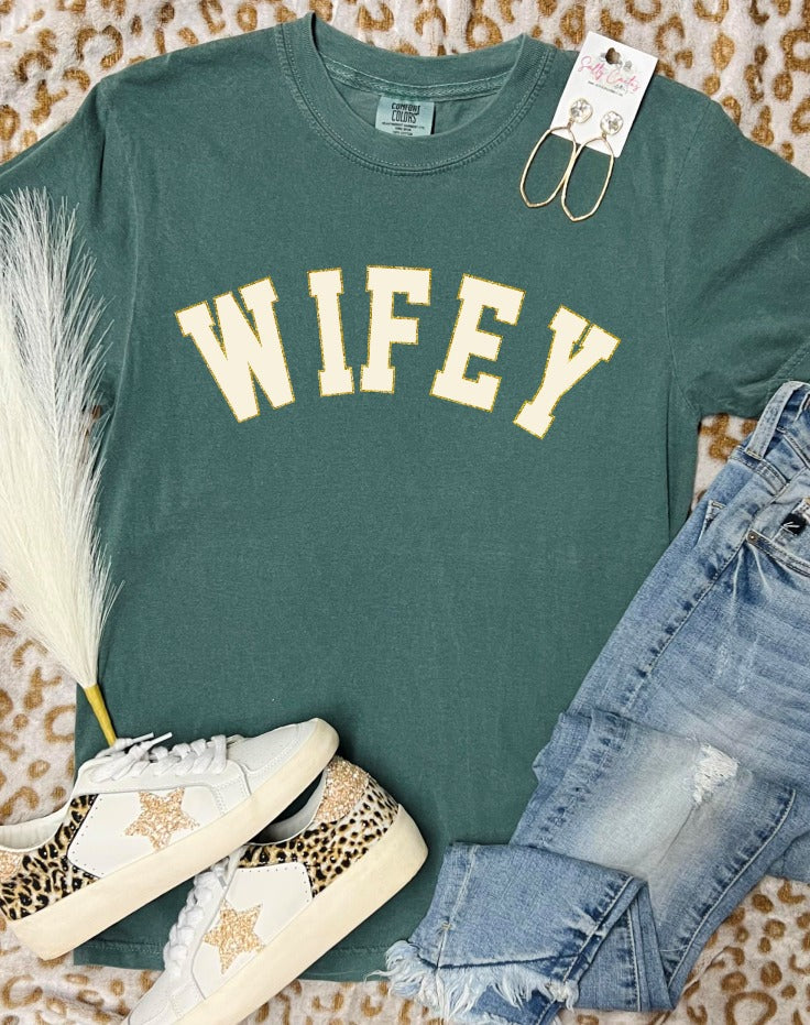 *DTG* Wifey Ivory Gold Blue Spruce Comfort Color Tee