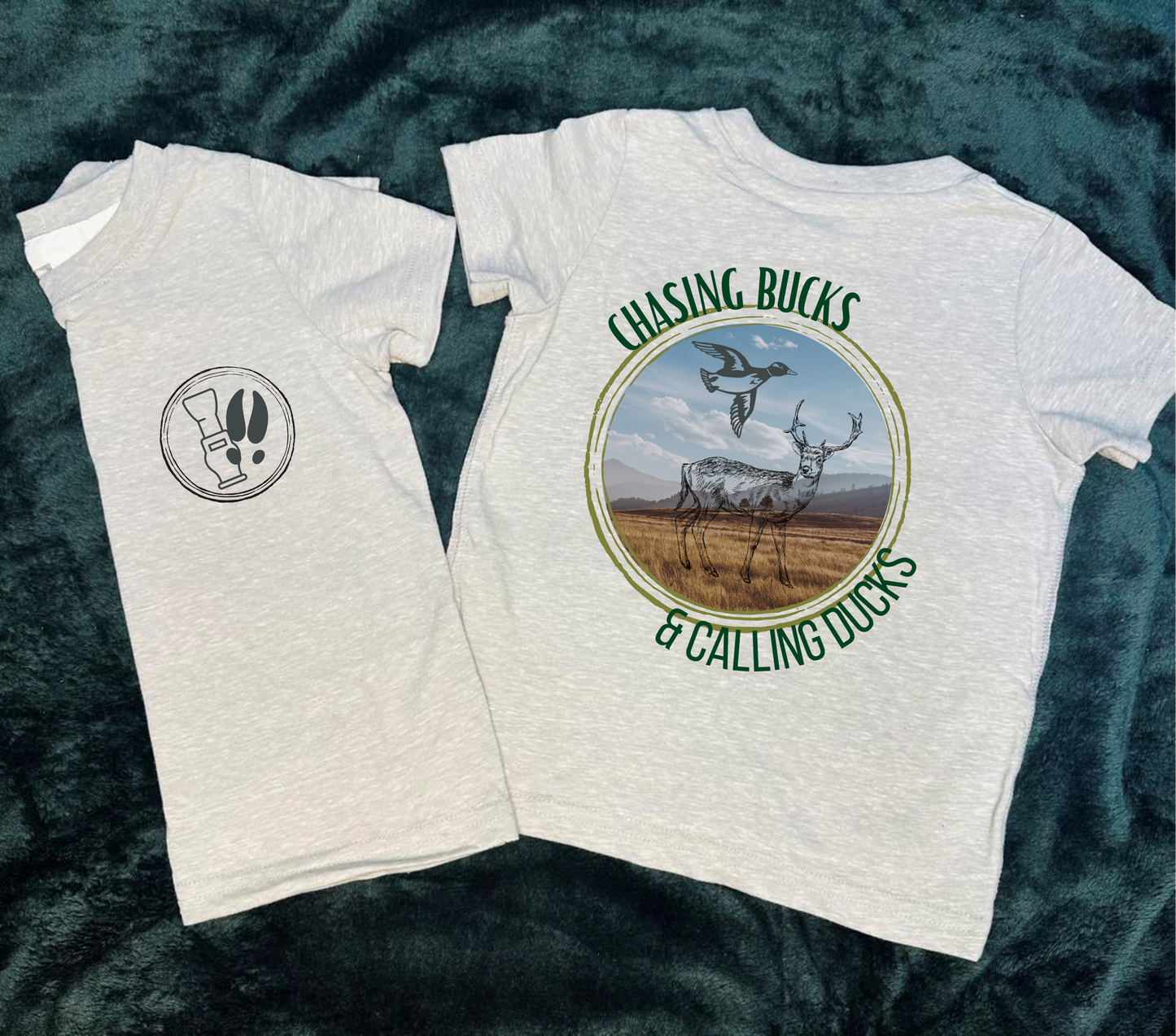 Chasing Bucks and Calling Ducks FRONT AND BACK Ash Grey Tee