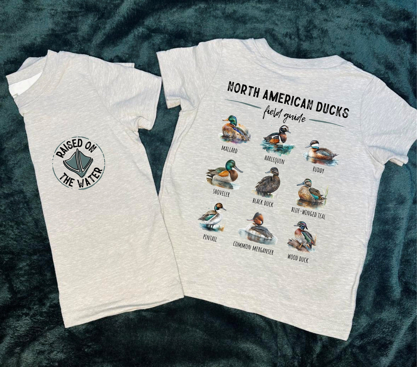 Raised on the Water/ North American Ducks FRONT AND BACK Ash Grey Tee