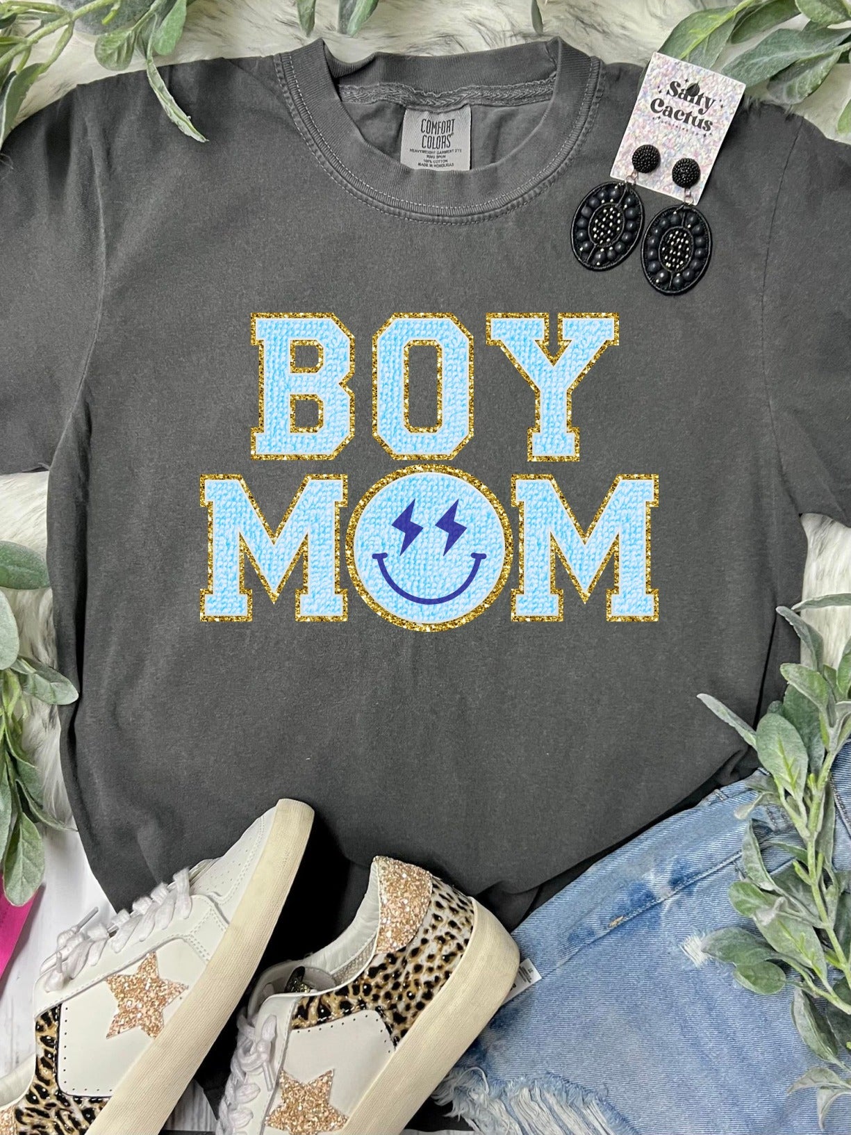 *DTG* Boy Mom Faux Chenille Letters Pepper Comfort Color Tee