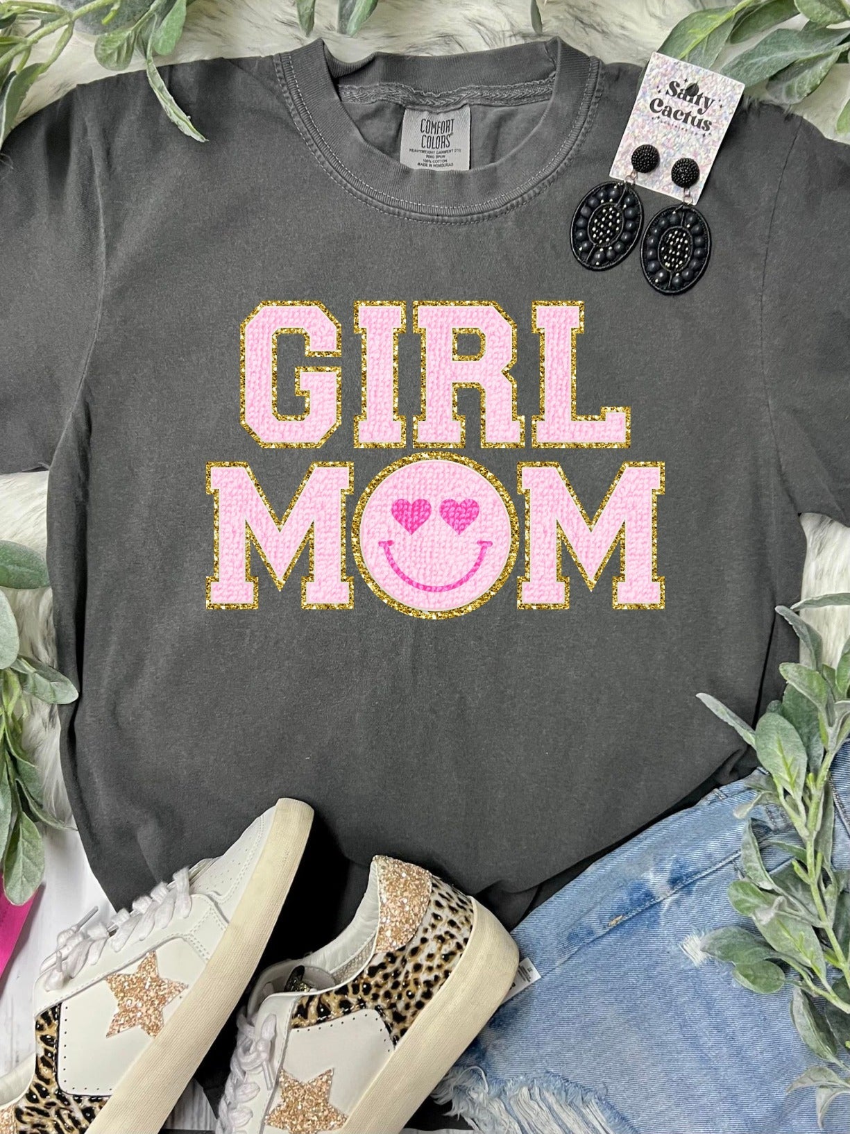 *DTG* Girl Mom Faux Chenille Letters Pepper Comfort Color Tee