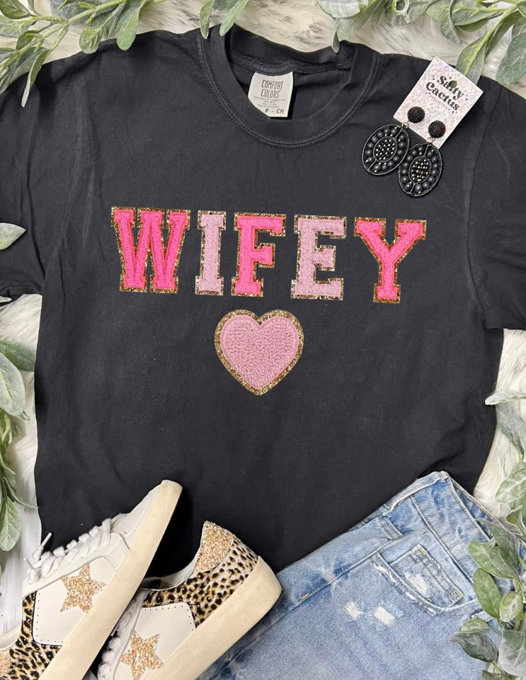 *DTG* Wifey Faux Pink Chenille Letters Black Comfort Color Tee