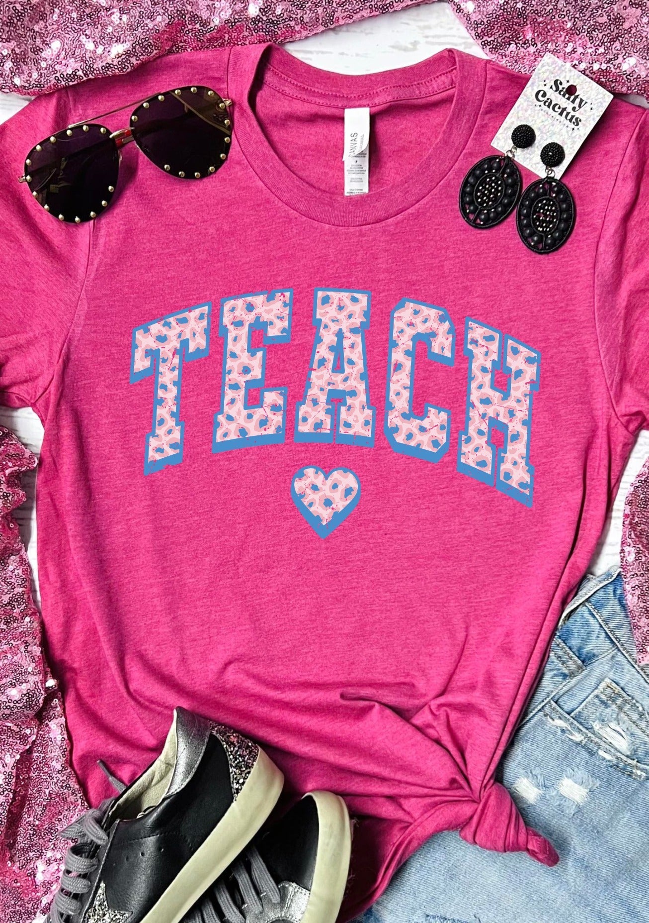 *DTG* Teach Leopard Heart Neon Pink Soft Tee
