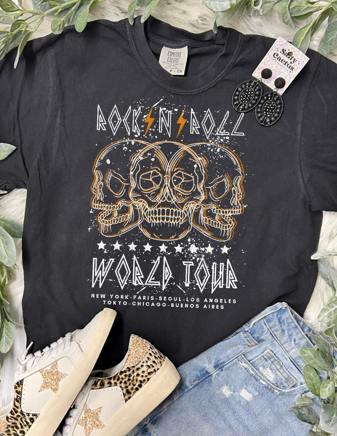 *DTG* Rock N Roll World Tour Skeleton Heads Black Comfort Color