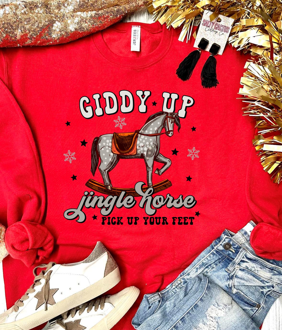*DTG* Giddy Up Jingle Horse Red Sweatshirt