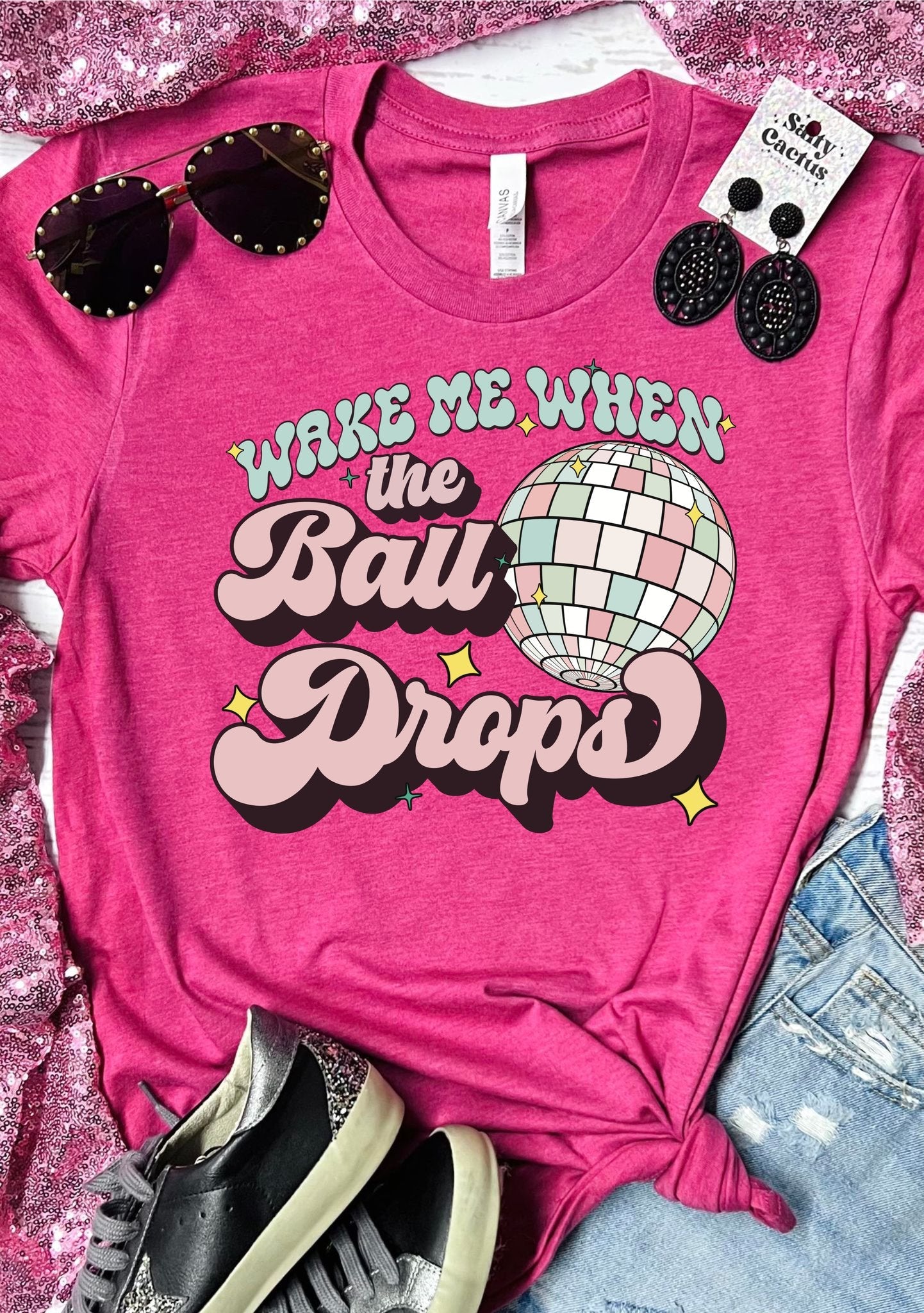 *DTG* Wake Me When The Ball Drops Disco Ball Hot Pink Tee