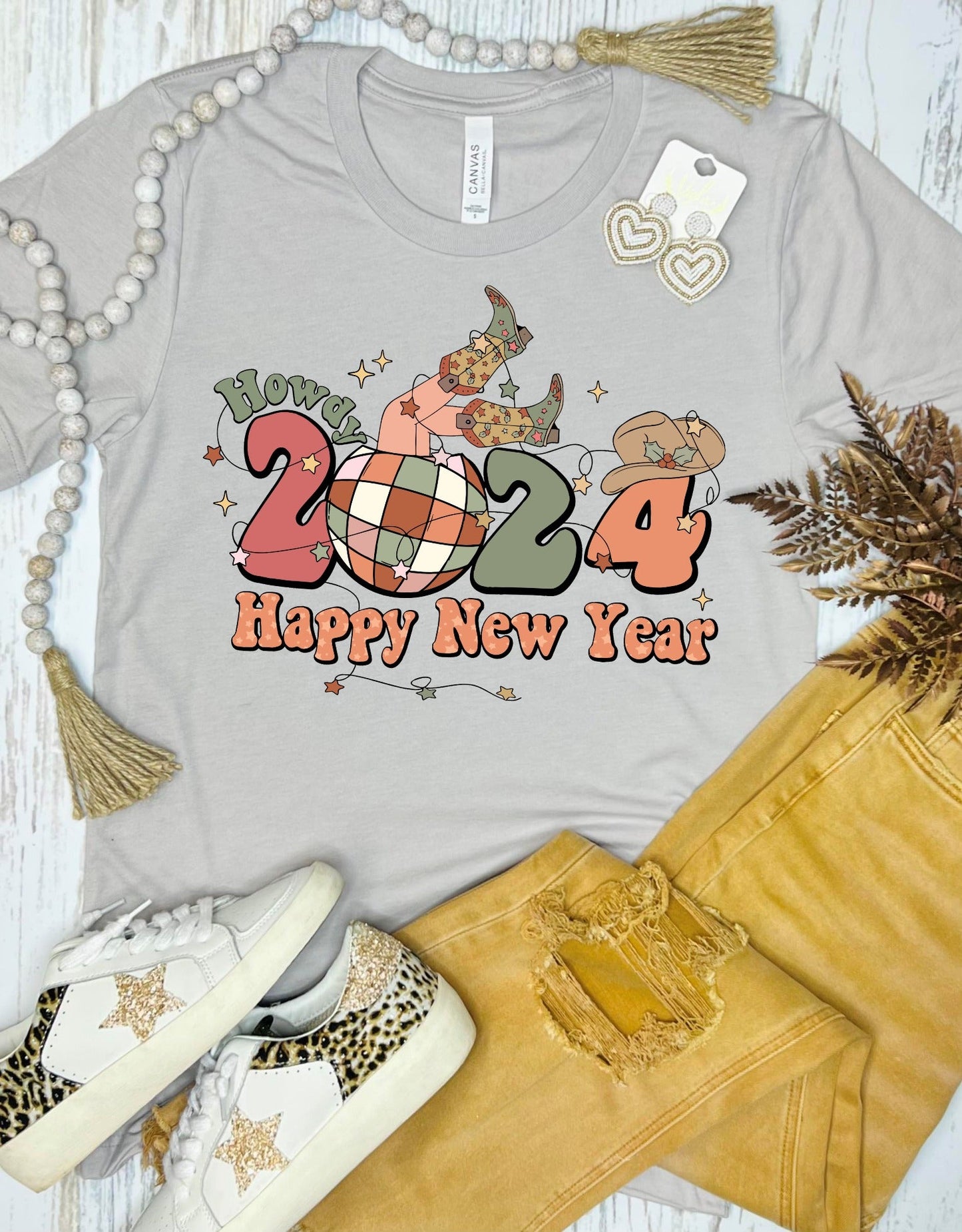 Howdy 2024 Happy New Year Boots Stone Tee