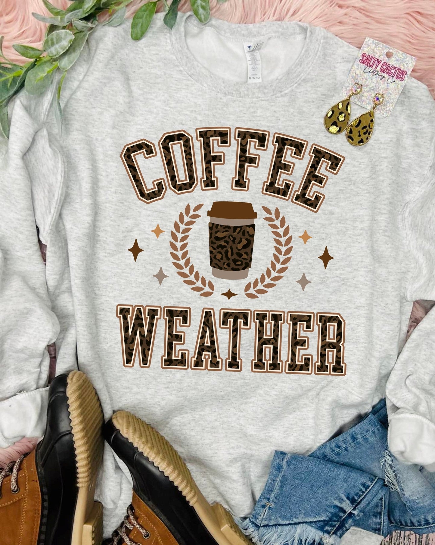 Coffee Weather Leopard Cup Ash Grey Sweatshirt
