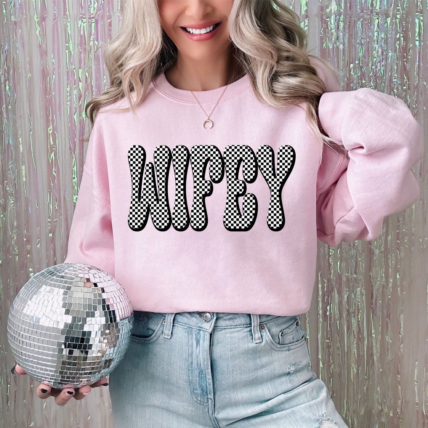 *DTF* Checkered Wifey Retro Baby Pink Sweatshirt