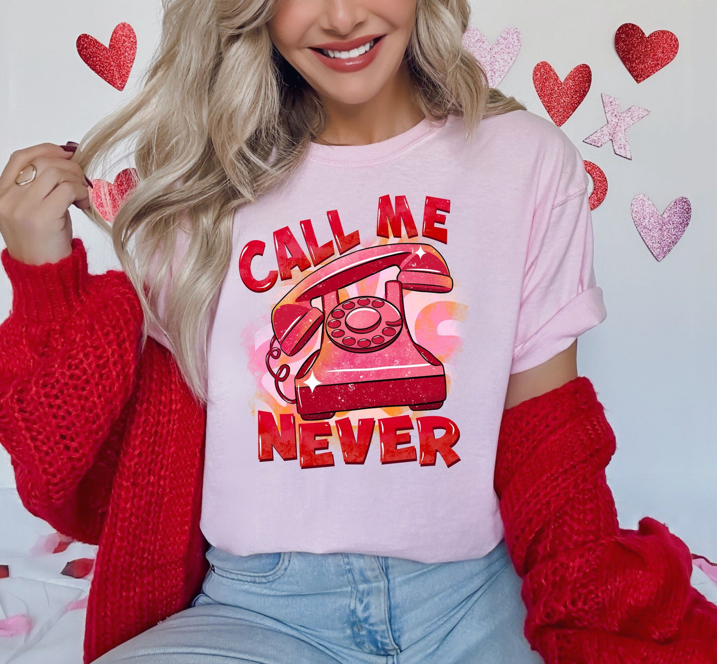 Call Me Never Retro Phone Baby Pink Tee