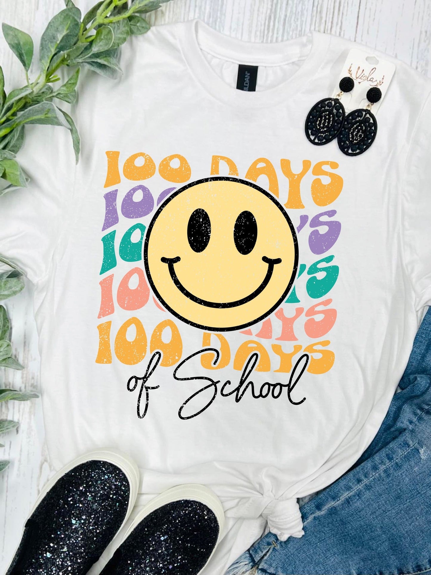 Smiley Face 100 Days Of School White Tee