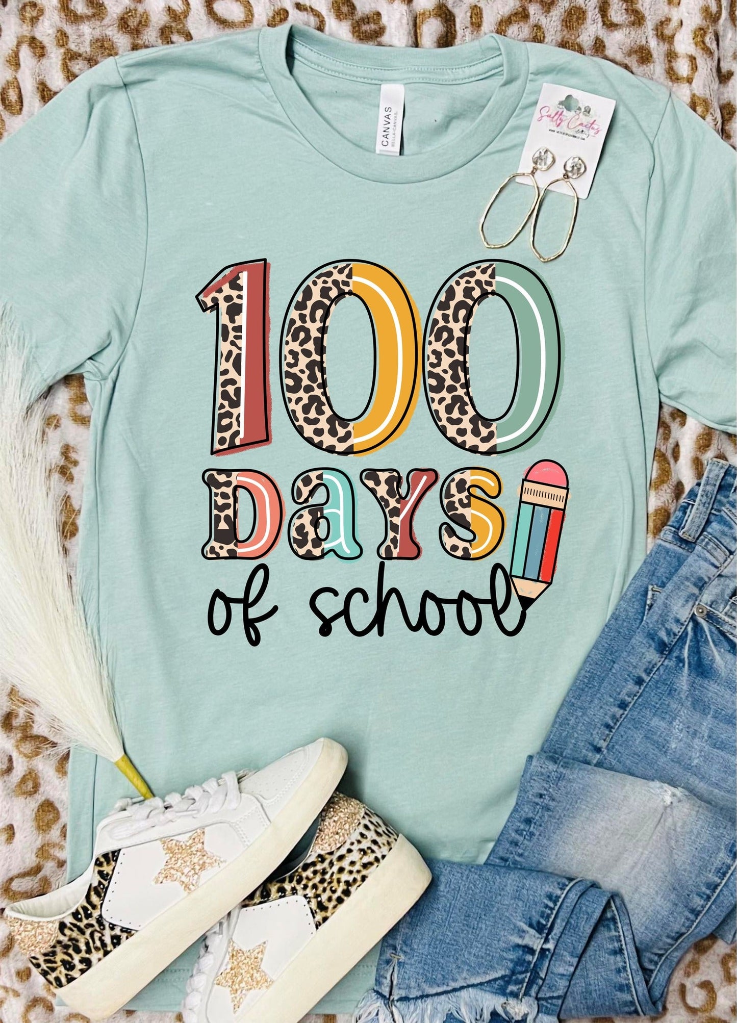 100 Days Of School Leopard Colorblock Dusty Blue Tee