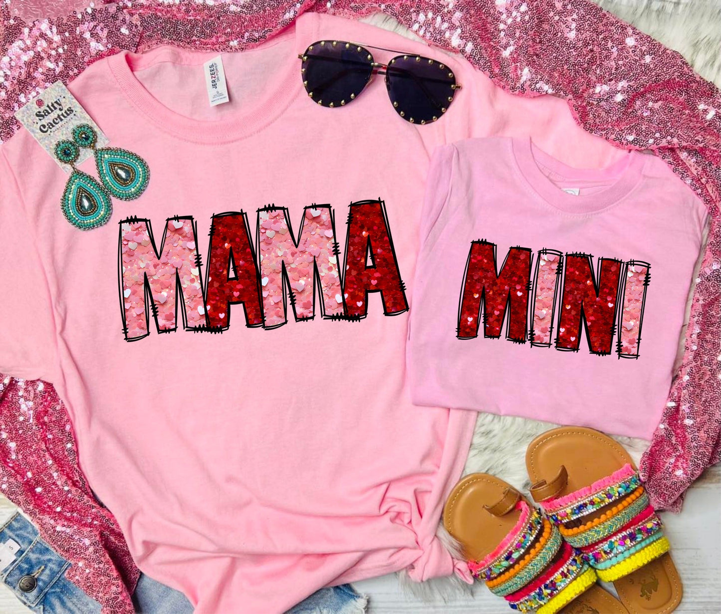 Mama/Mini Valentine Glitter Baby Pink Tee