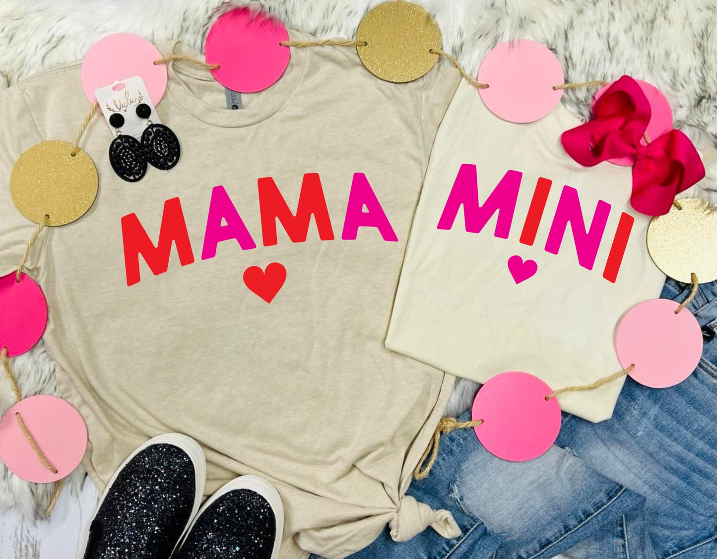 Mama/Mini Red and Pink Heart Tan Tee