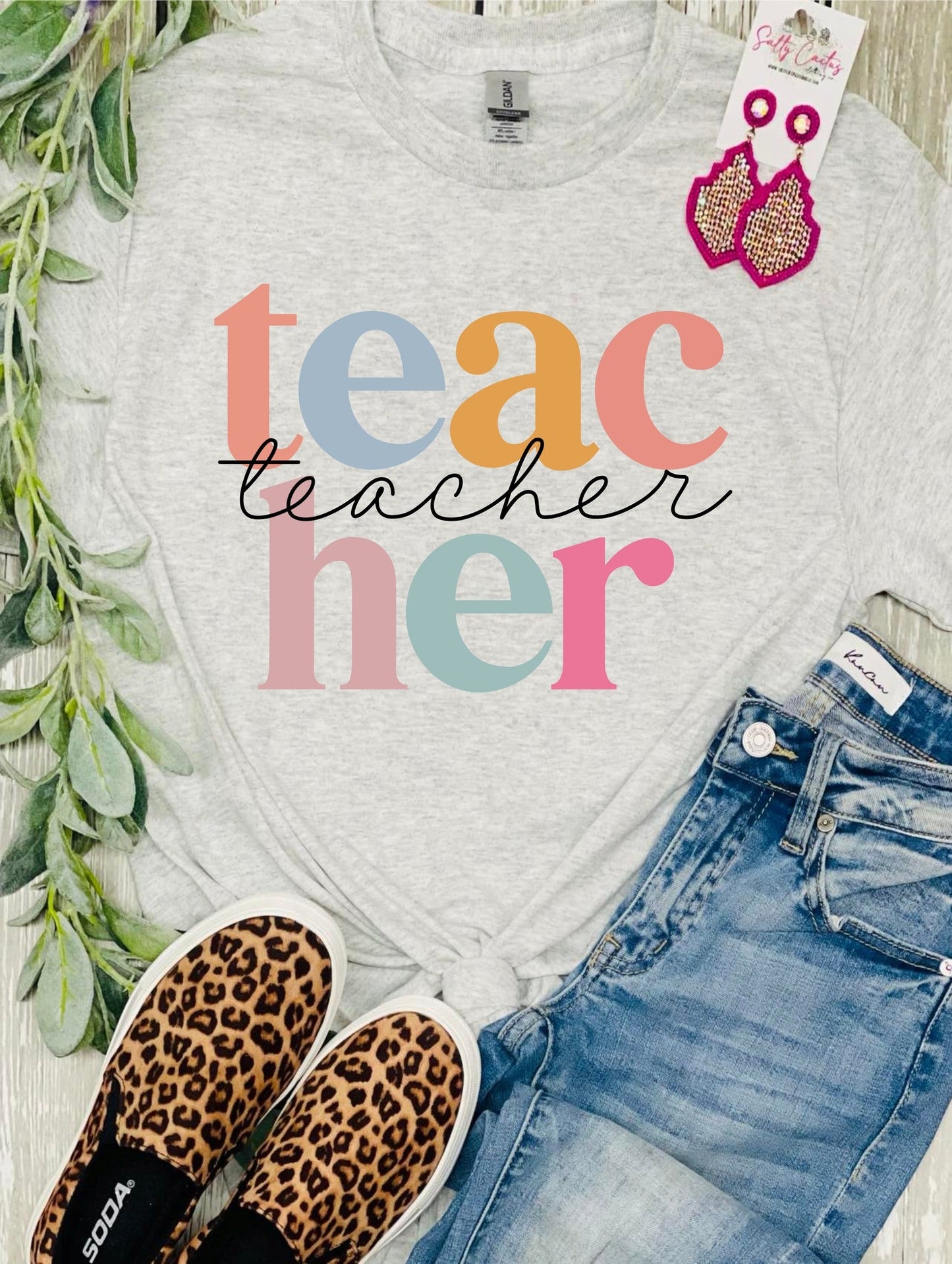 Teacher Teacher Colorful Cursive Ash Grey Tee