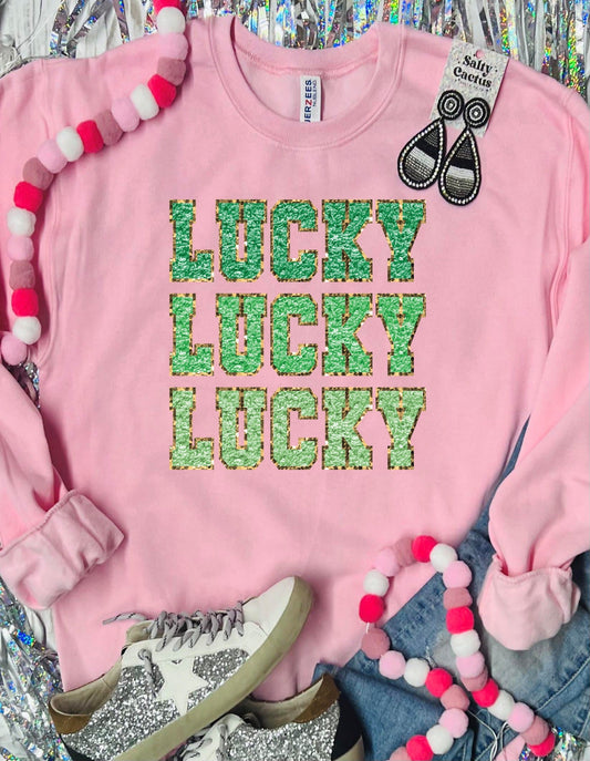 Chenille Lucky Lucky Lucky  Baby Pink Sweatshirt