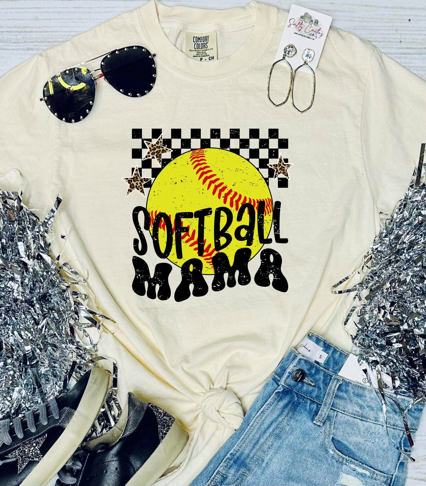 *DTF* Checkered Softball Mama Distressed Ivory Comfort Color Tee