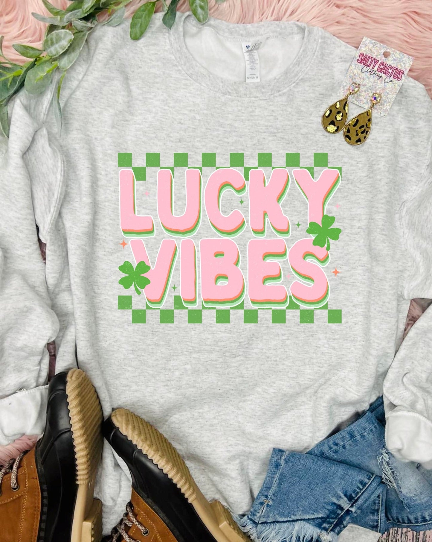 Lucky Vibes Pink and Green Ash Grey Sweatshirt