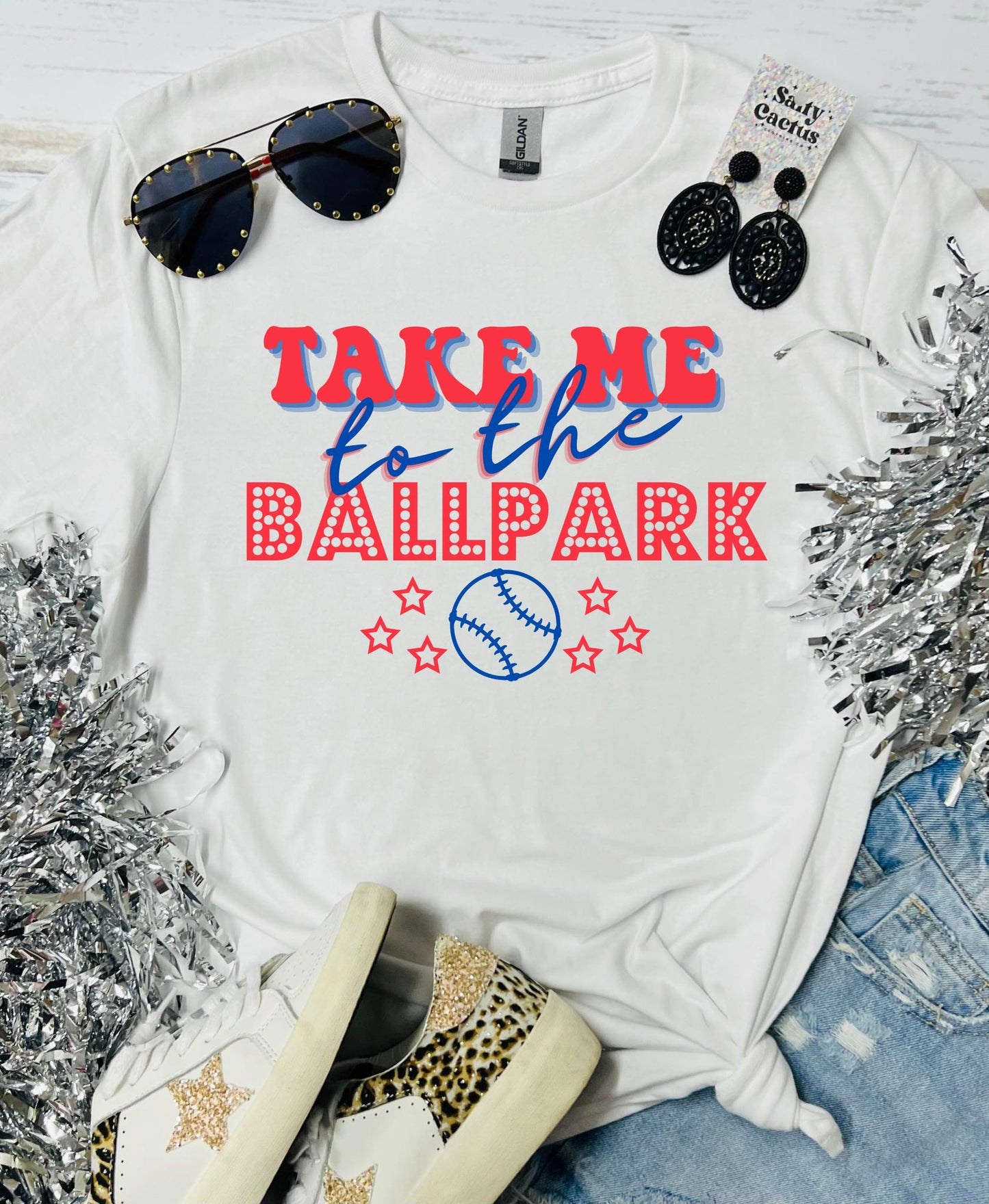 Take Me To The Ballpark Red and Blue White Tee