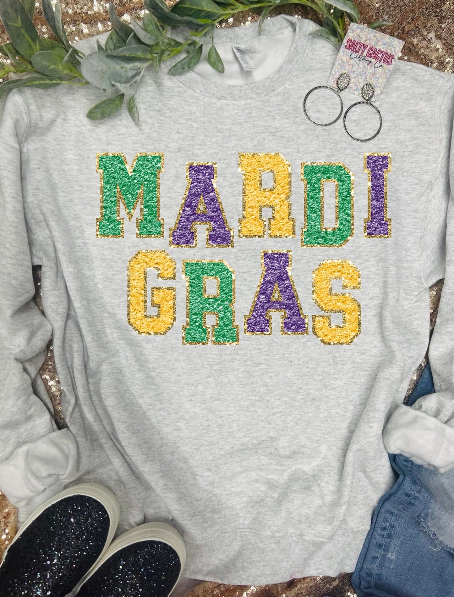 Mardi Gras Patch Gold Ash Grey Sweatshirt