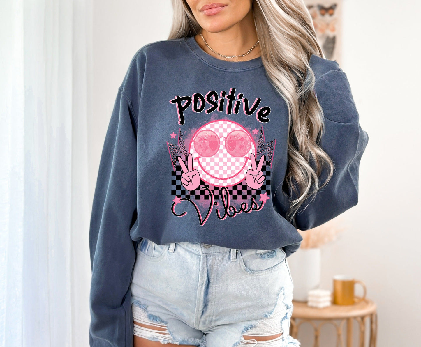 *DTG* Positive Neon Vibes Pink Blue Jean Comfort Colors Long Sleeve