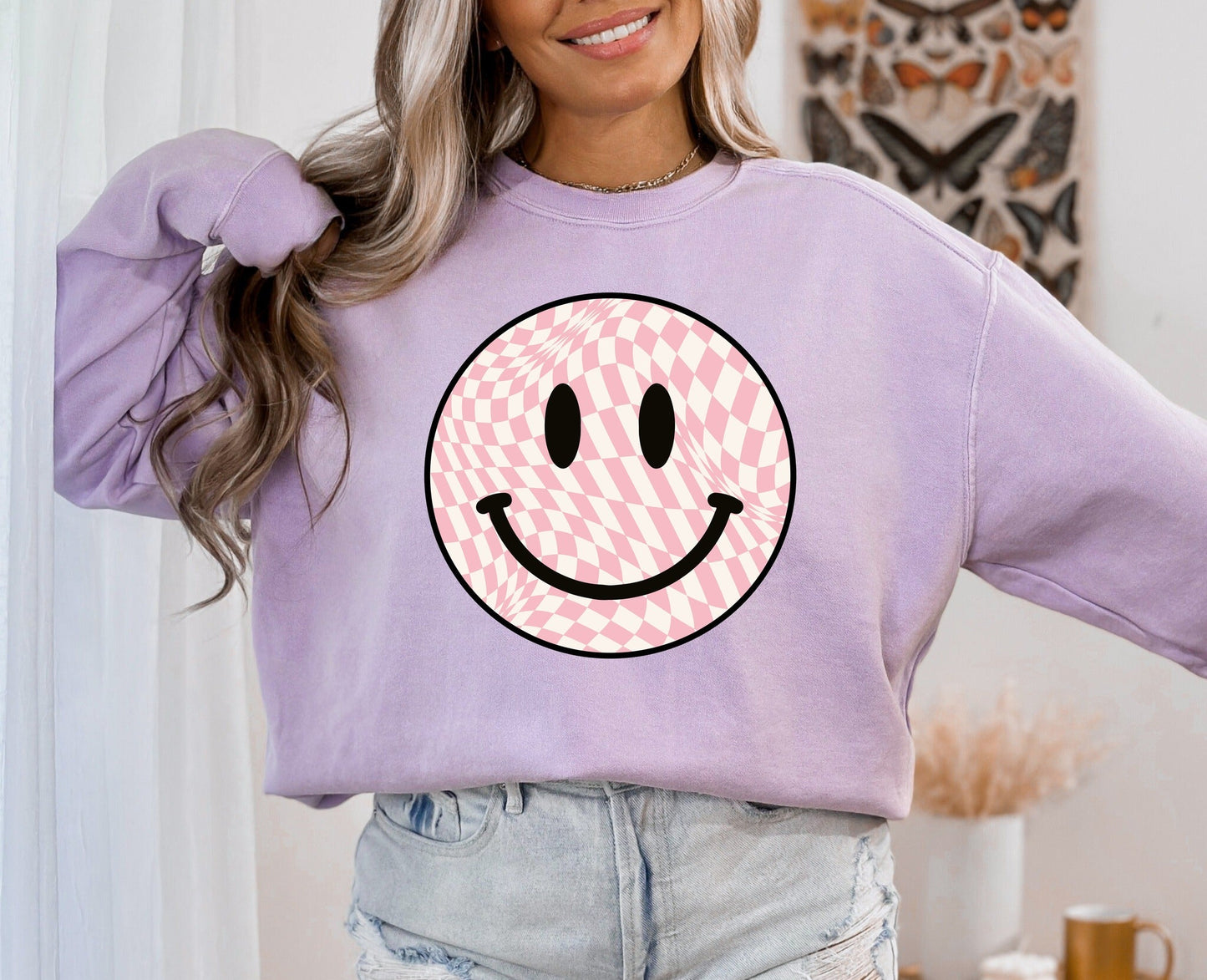 *DTG* Smile Pink Checkered Groovy Orchid Comfort Colors Long Sleeve