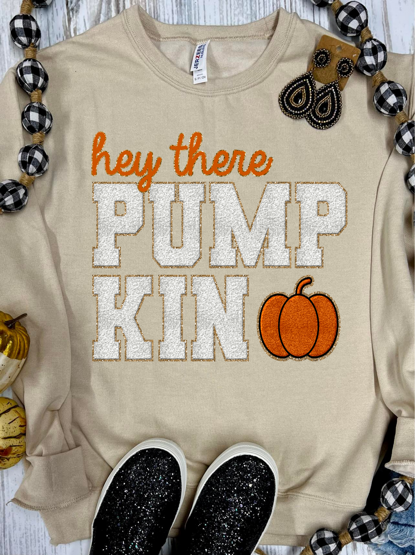 *DTG* Hey There Pumpkin Faux Chenille Patch Sandstone Sweatshirt