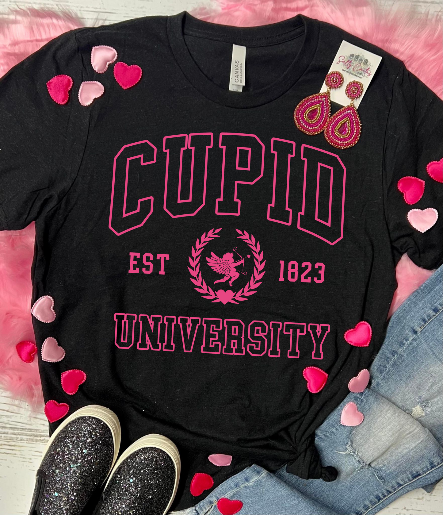 *DTF* Cupid University Pink Design on Black Tee