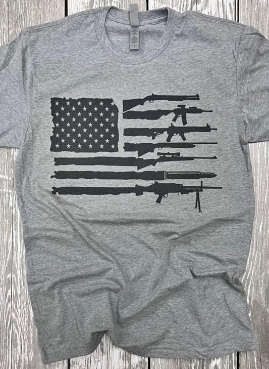 American Flag With Guns Grey Tee